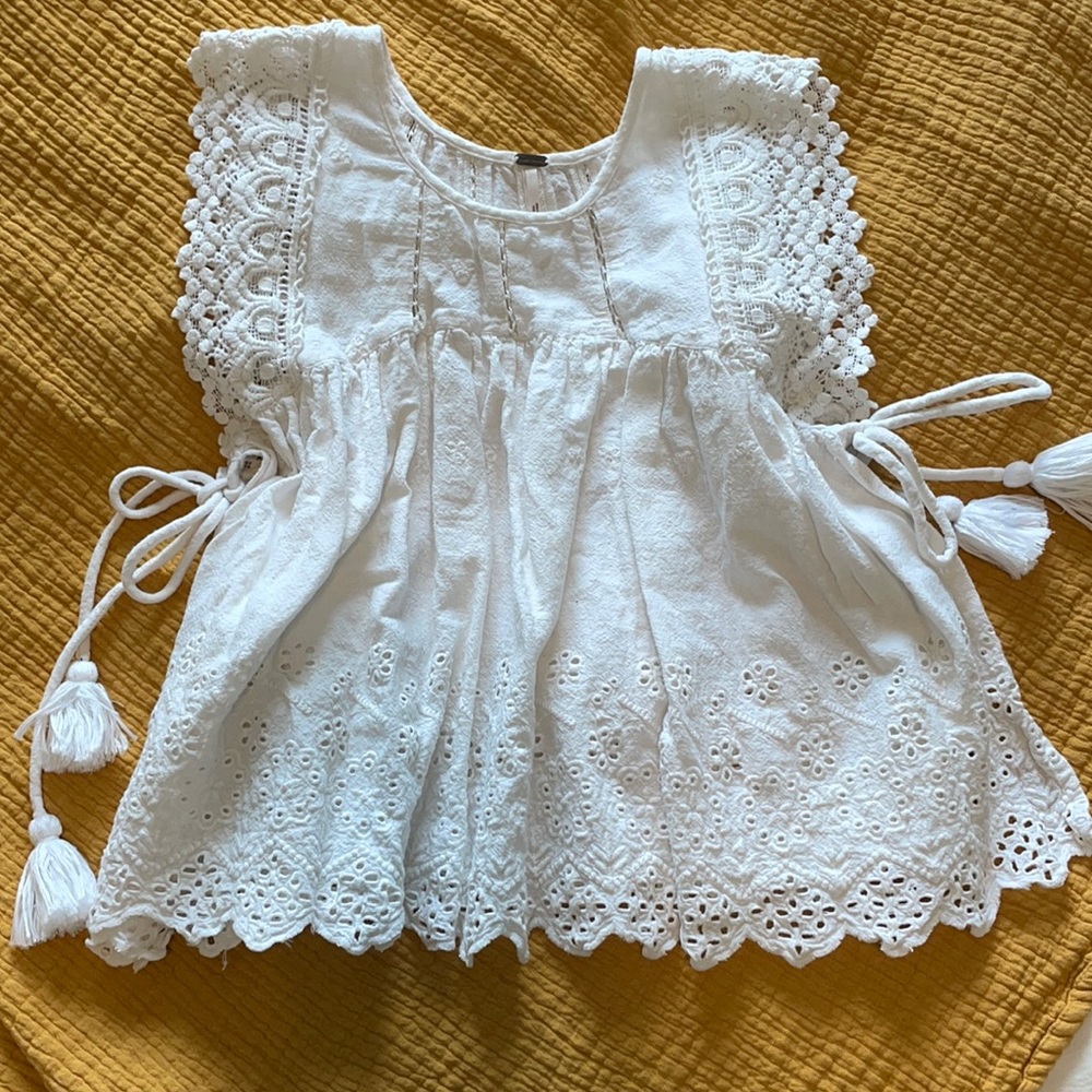 Free People White Embroidered Top with Tassels